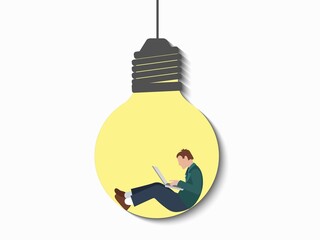 A person is sitting in a light bulb with a laptop. Content creation, a vector concept of a creative person. A symbol of creativity, writing, blogging, and copywriting. Vector illustration