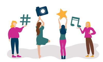 Young women hold up and show hashtag signs, notes, stars, and a camera. The future in digital technology, personification with social networks, electronic pages, victory and music, Vector illustration
