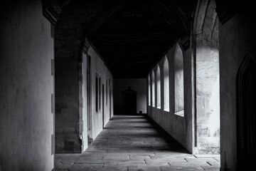 Light shining through arched windows to corridor or cloister of old building, casting dark shadows on stone floor. Moody monochrome black and white