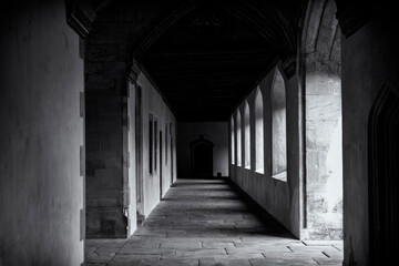 Obraz premium Light shining through arched windows to corridor or cloister of old building, casting dark shadows on stone floor. Moody monochrome black and white
