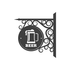 Beer pub vintage street signboard isolated retro bar signage. Vector mug of frosty beer on wrought metal brackets, antique restaurant or tavern sign. Ale store or cafe pub, street retro billboard