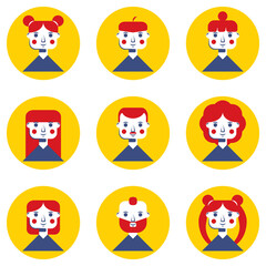 Vector set of stickers. Illustration showing different hairstyles of the same character.