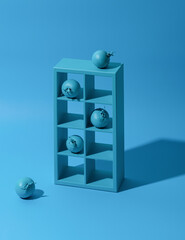 Blue cherry tomatoes in a blue rack on a blue background. Monochrome, surrealism