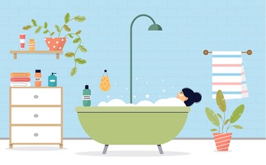 Woman taking a bath. The female character is relaxing in the bathroom. Bathroom interior. Relaxation and self-care concept. The girl is enjoying a bubble bath. Patches on the face. Vector illustration