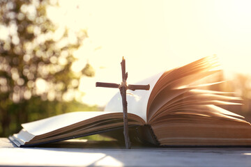 The Bible on the background of the cross and life-giving light
