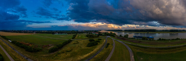 Storm clouds over the Rhine, Germany. Drone photography.