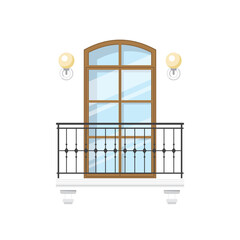 Retro balcony with metal fence and wall lamps isolated. Vector house architecture element, forged balustrade and railing, decorative pillars. Apartment, residential building or office balcony