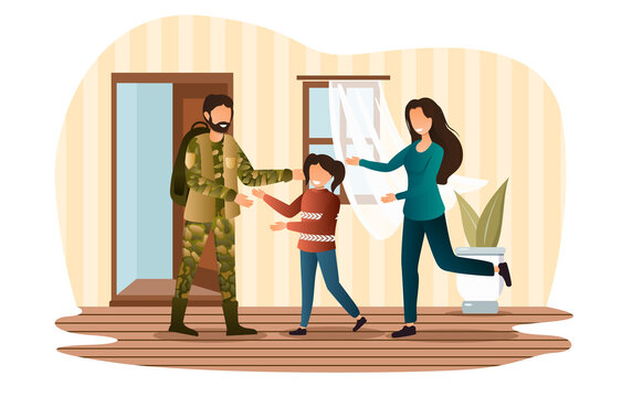 Male character returning home from military service. Little daughter and wife are happy to meet soldier father. Warfare action serviceman is back home to his family. Flat cartoon vector illustration