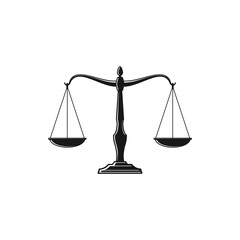 Scales isolated monochrome icon. Vector dual balance Themis scales of justice on decorative stand. Mechanical balancing scales, symbol of law and judgment, punishment and truth, measuring device