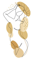 Silhouettes of the figure of a girl and a leaf of a plant in a modern one-line style. The woman is pregnant. Solid line, aesthetic outline for decor, posters, stickers, logo. Vector illustration.