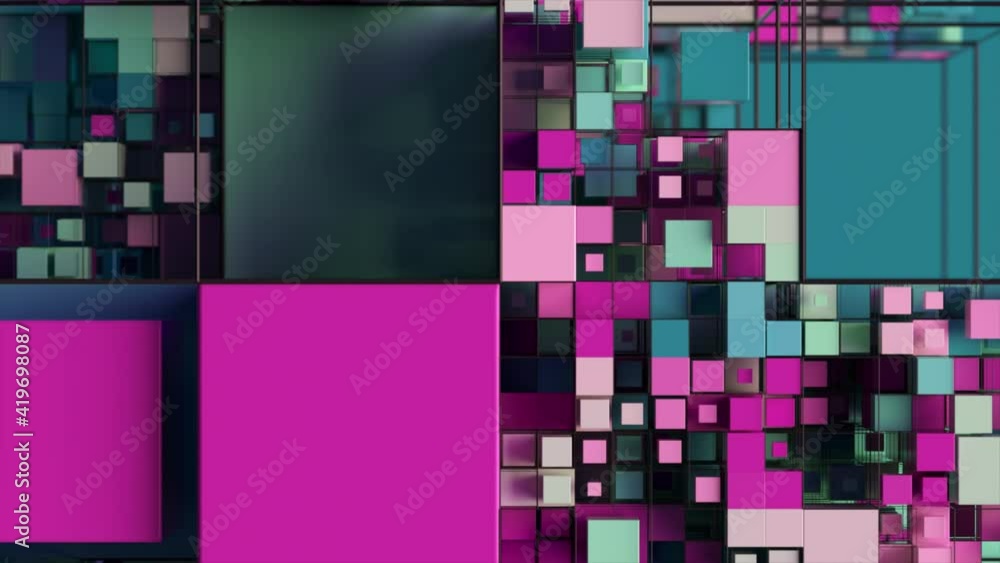 Poster abstract background with motion cubes. an array of different sized squares in a grid. 3d animation o