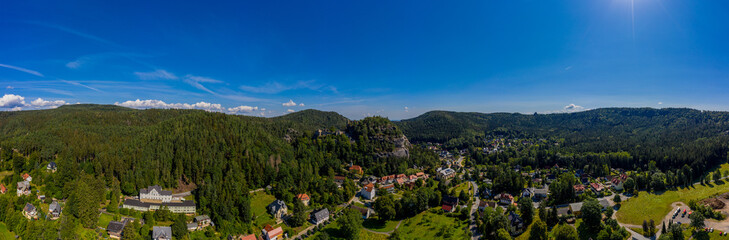 Fototapeta na wymiar Panoramic view of Mount Oybin and the ruins of the monastery church and the castle, Germany. Drone photography