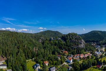 Panoramic view of Mount Oybin and the ruins of the monastery church and the castle, Germany. Drone photography