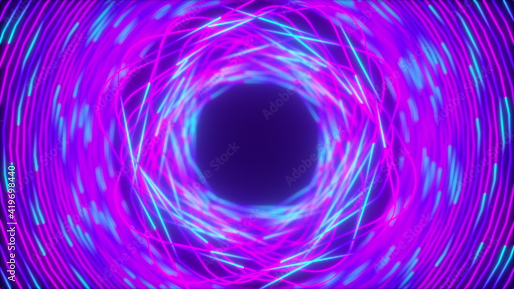 Poster many random neon splines, computer generated. 3d rendering glowing backdrop