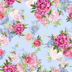  Abstract floral seamless pattern painted with paints lovely peonies with foliage