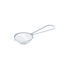 Tea strainer with handle isolated metal sieve icon. Vector strainer placed over teacup to catch loose leaves, kitchenware utensil. Sterling silver or stainless steel brewing or infusing basket