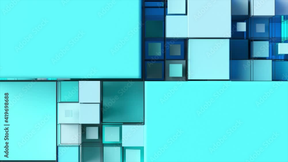 Poster abstract background with motion cubes. an array of different sized squares in a grid. 3d animation o