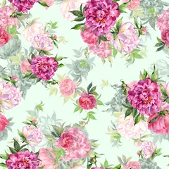 Foto auf Acrylglas  Abstract floral seamless pattern painted with paints lovely peonies with foliage © Irina Chekmareva