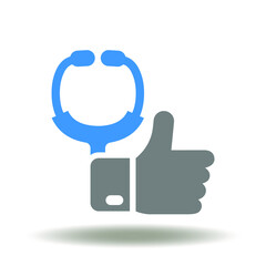 Stethoscope with thumb up vector icon. Patient satisfaction symbol. Health care service review, feedback, evaluation illustration.