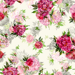  Abstract floral seamless pattern painted with paints lovely peonies with foliage
