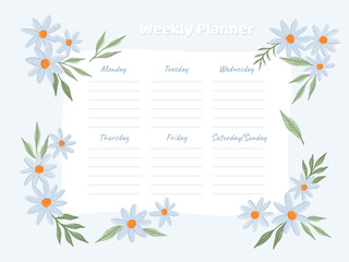Hand drawn vector weekly planner template with daisy flowers