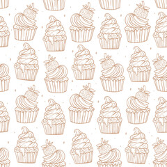 Cupcakes with cream and strawberries, ganache, and chocolate chips. Festive desserts, pastries. Linear drawing in vintage style. Vector seamless pattern. Design for wrapping paper, fabric, print.