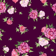 Schilderijen op glas  Abstract floral seamless pattern painted with paints lovely peonies with foliage © Irina Chekmareva