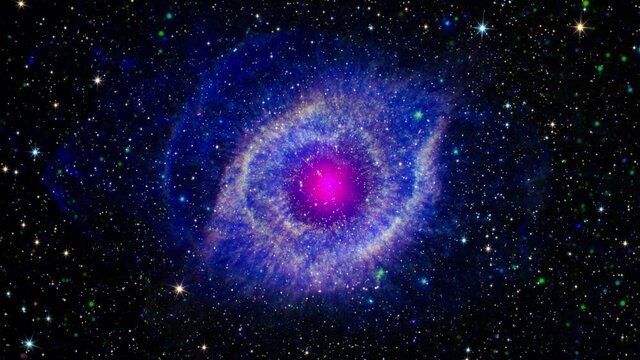 Loop Space Flight deep space exploration travel to Helix Nebula. 4K 3D loop space exploration to Helix Nebula, planetary nebula located in the constellation Aquarius. Furnished by NASA image.