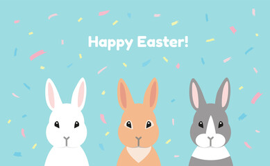 Easter greeting card with cute rabbits illustration on abstract blue background with trendy brush strokes. - Vector