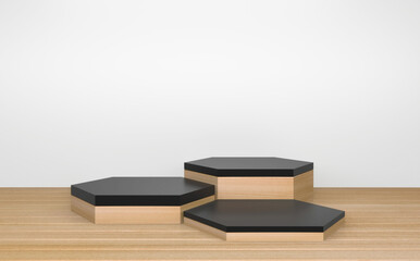 Black hexagon podium wooden design on white background minimal design. 3D rendering