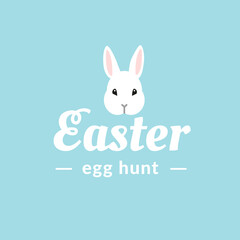 Easter Egg hunt logo design with cute white bunny rabbit head on blue background. Easter traditional event. - Vector