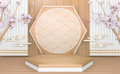 hexagon podium wooden design on white background minimal design. 3D rendering