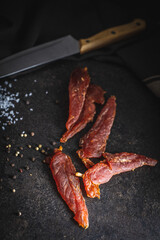 Dried chicken meat. Tasty jerky meat.