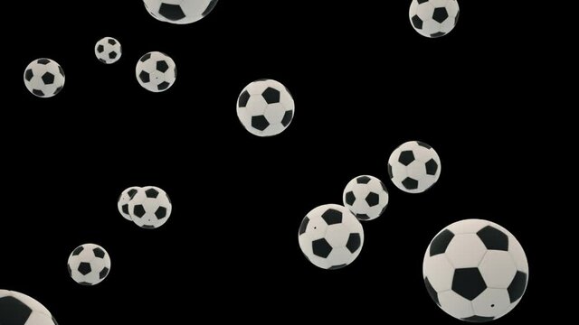 Animation of falling soccer balls on black background moving left to right