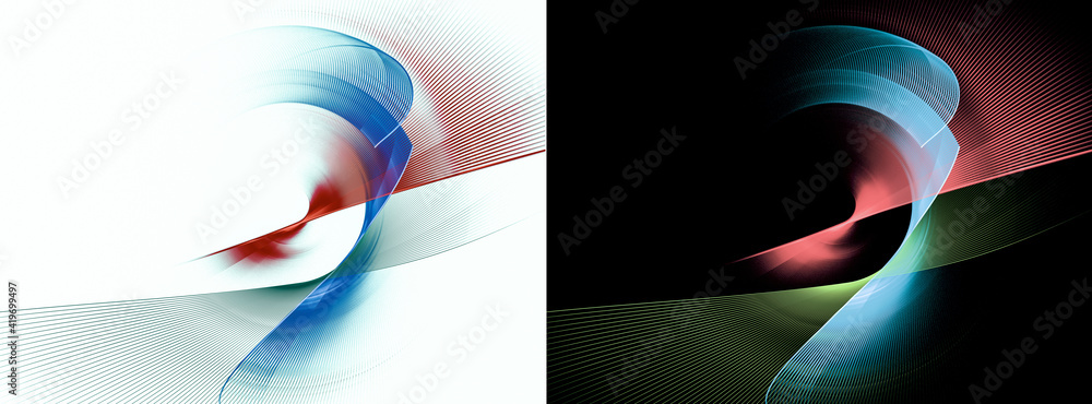 Poster colorful straight and curved transparent planes intersect and arranged diagonally on white and black