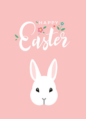 Happy Easter beautiful cute greeting card with white bunny rabbit head and hand drawn lettering on pink background. - Vector