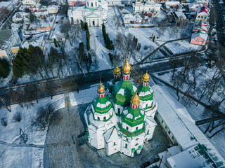 Aerial view from a drone of the Mykolayivsʹkyy Sobor in the Ukrainian Baroque style in the city of Nizhyn, Chernihiv region