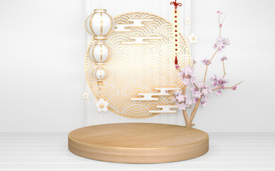 Circle White wooden Podium minimal geometric and decoration japanese style abstract.3D rendering