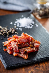 Dried chicken meat. Tasty jerky meat.