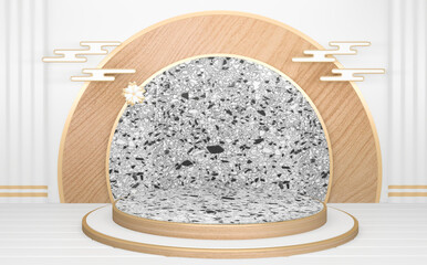 The Circle White wooden Podium minimal geometric abstract.3D rendering