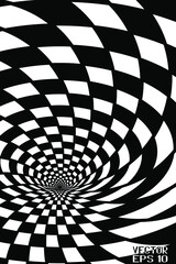 Abstract Black and White Pattern with Tunnel. Contrasty Optical Psychedelic Illusion. Smooth Spiral Chessboard. Vector. 3D Illustration