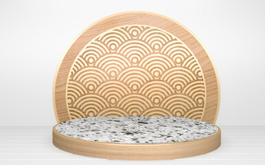 The Circle White wooden Podium minimal geometric abstract.3D rendering