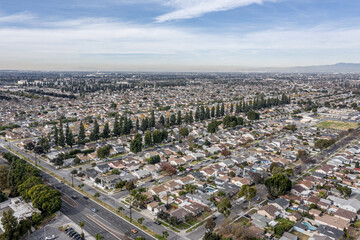 Drone Aerial View Suburban Coastal California Neighborhood. Single Family Homes Near A Park and...