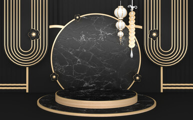 Circle black granite podium minimal design. 3D rendering