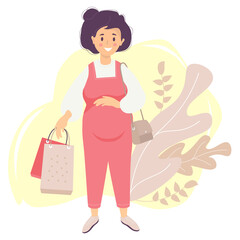 Motherhood. A happy pregnant woman in a red overalls tenderly hugs her belly with one hand and holds bags from the store in the other hand. womans bag hangs on the shoulder. Vector. flat illustration