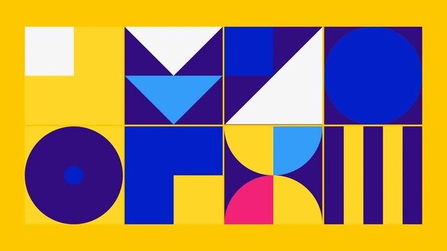 Geometric pattern loop. Circles, squares animation. Modernist abstract background. Bauhaus Design style. Blue, white, pink, purple, yellow.