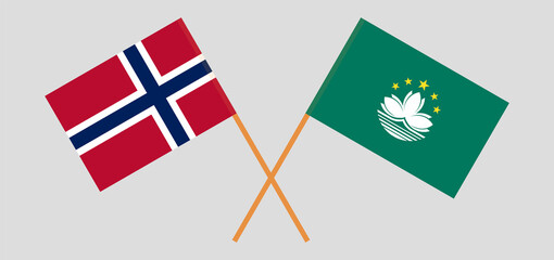 Crossed flags of Norway and Macau. Official colors. Correct proportion