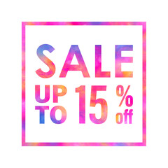 Sale banner with a bright colorful abstract texture on white background. Sale up to 15% off words written with colorful rainbow waves. Type with red, yellow, blue and violet colors for print and web.