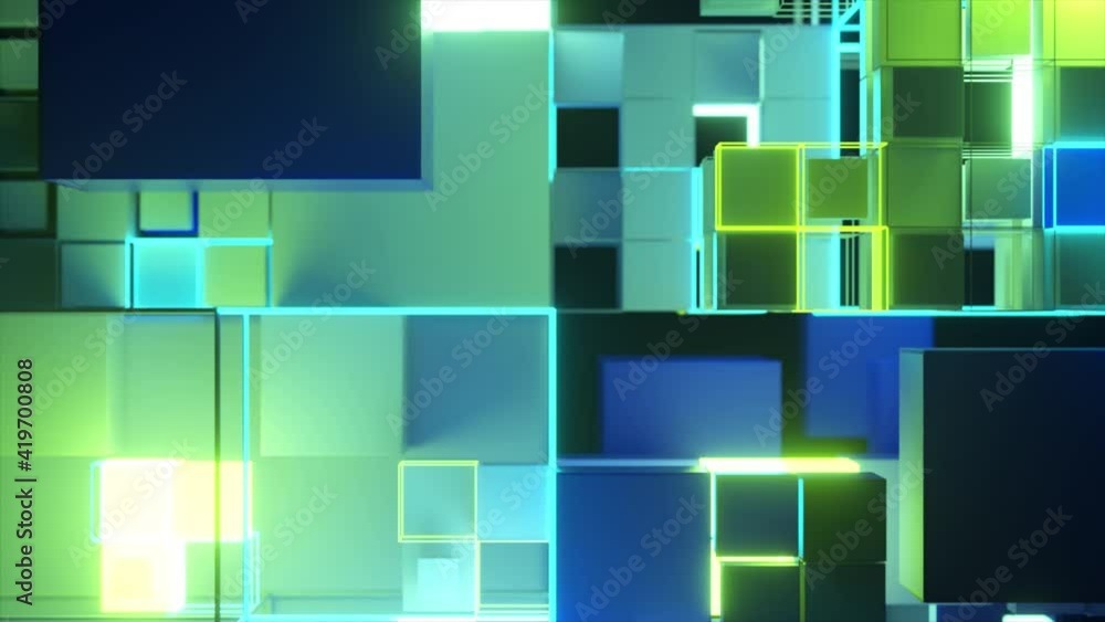 Poster abstract background with motion cubes. an array of different sized squares in a grid. 3d animation o