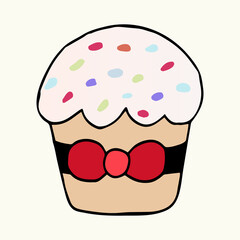 Colored Easter cake sticker black outline. Doodle vector illustration in cute style. Element for greeting cards, posters, stickers and seasonal design. Isolated on white background
